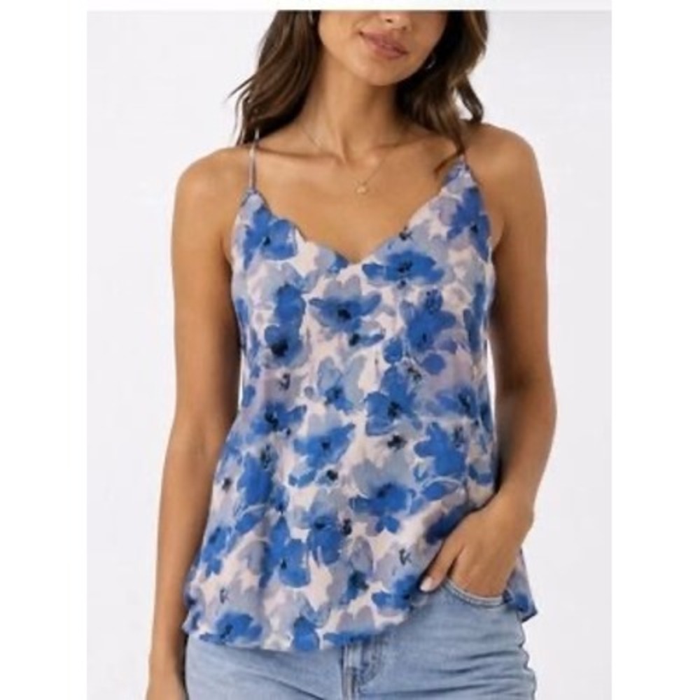J. Crew Factory Womens Size 8 Printed Scalloped Cami Top White Blue Water Floral